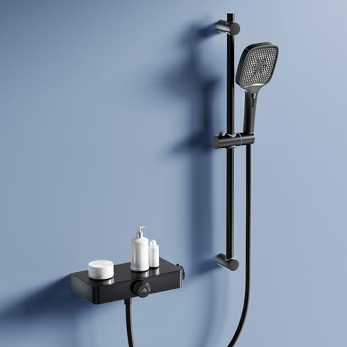 JONKEAN Duscharmatur mit Thermostat, Duscharmatur Komplettset mit Ablage, 70 cm Höhenverstellbar Duschstange mit Brause, 4 Strahlarten Duschkopf Rail kit mit 1,5m Schlauch (Stil B, Mattschwarz) von JONKEAN