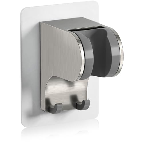 JONKEAN Duschkopfhalterung ohne Bohren, 3M Kleber Handbrause Halterung, 45° Verstellbare Duschbrause Halterung, Duschhalterung, Dusche Brausehalter mit 2 Haken (2.Gebürstetem Nickel, 1 Stück) von JONKEAN