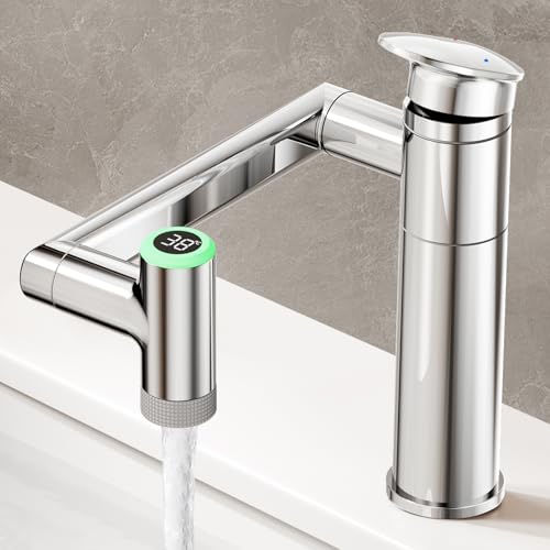 JONKEAN Wasserhahn Bad mit Temperaturanzeige(Batterielos), 1080° Drehbar Einhebelmischer Waschbecken, Höhenverstellbare Badezimmer Wasserhahn, Waschtischarmatur Hoch (LJBP54D, Chrom) von JONKEAN
