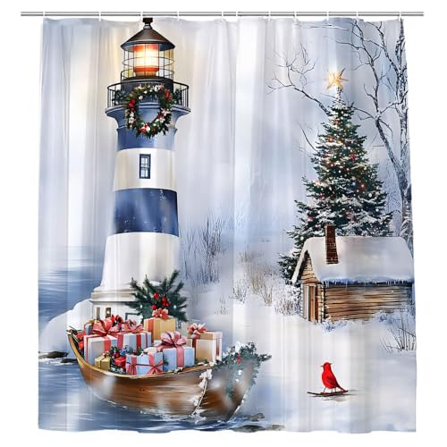 Frohe Weihnachten Leuchtturm Duschvorhang Winter Schneelandschaft Boot und Geschenk Weihnachtsbaum Urlaub Tanne Kiefer rote Vögel verträumte Bauernhaus-Szene grau Natur Landschaft Badezimmer Dekor von JONSEQIN