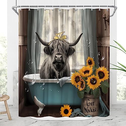 JONSEQIN Highland Kuh Duschvorhang Lustiges Bauernhoftier in Badewanne Baden und Blasen Grau Longhorn Bull Wildlife Vintage Polyester Stoff Bad Dekor 177,8 x 177,8 cm mit Haken von JONSEQIN