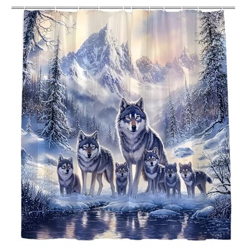 Winter Wolf Duschvorhang Winter Wald Wildlife Safari Tier Wölfe Jagd Thema Tannenbaum Szene See Berglandschaft Schneelandschaft Bauernhaus Urlaub Badezimmer Dekor Vorhänge 177,8 x 177,8 cm mit Haken von JONSEQIN