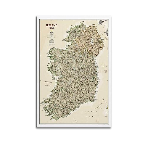 JONZA Karten-Poster Europa Irland Vintage-Karte Dekoratives Gemälde Leinwand Wand und Kunst Bild Familie Schlafzimmer Dekor 30 x 45 cm von JONZA