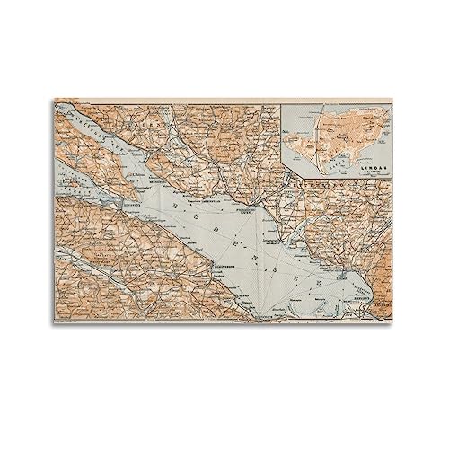 JONZA Landkarte Poster Europa Bodensee Klassische Karte Dekorative Malerei Leinwand Wand Und Kunst Bild Familie Schlafzimmer Dekor 24x36inch(60x90cm) von JONZA