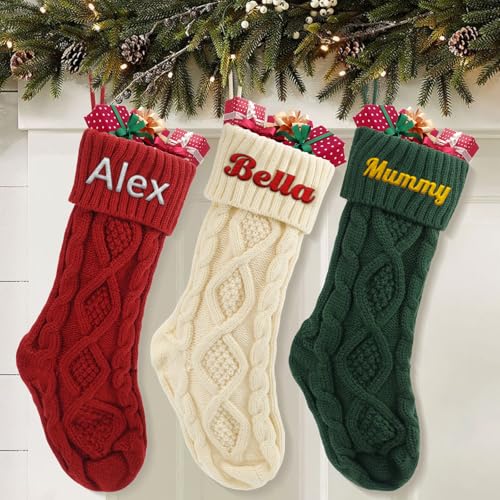 JONZIN Weihnachtsstrumpf Personalisiert, Weihnachtssocken Zum Aufhängen, 18" große gestrickte Weihnachtsstrümpfe mit Namen, Nikolausstrumpf für den Kamin, Weihnachtsfeier-Dekoration (3, Socke) von JONZIN