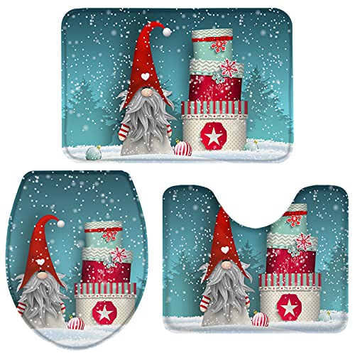 JOOCAR 3-teiliges Badezimmerteppich-Set, Zwerg, Elfe, Weihnachtsgeschenk, Winterthema, Badematten-Set, modische WC-Konturmatte, Deckelbezug, rutschfeste Badematte von JOOCAR