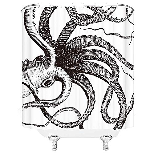 JOOCAR Design Duschvorhang, Kraken Ocean Giant Octopus Tentakel Mythical Nautical Sea Monster Marine Life Abstrakt Einfarbig Schwarz Weiß Wasserdicht Tuch Stoff Badezimmer Dekor Set mit Haken von JOOCAR