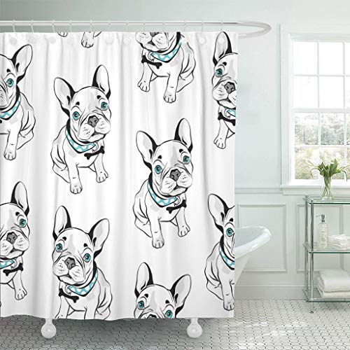 JOOCAR Design Duschvorhang, graue französische Bulldogge auf lustigen Hunden und blauen Augen, wasserdichter Stoffstoff, Badezimmer-Dekor-Set mit Haken von JOOCAR