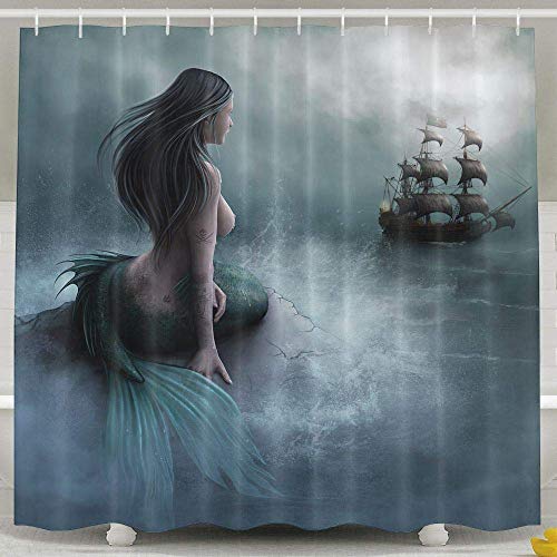 JOOCAR Design Duschvorhang Meerjungfrau und das Segelschiff Mythologische Geschichten Vorhänge Wasserdicht Stoff Badezimmer Dekor Set mit Haken von JOOCAR