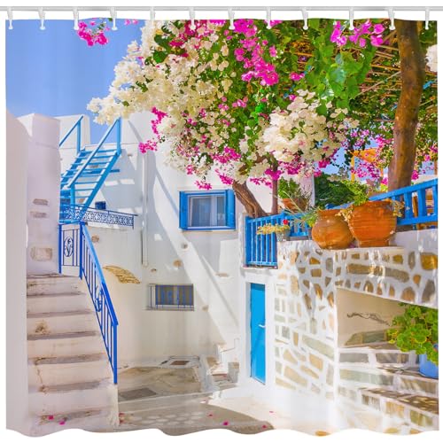 JOOCAR Design Duschvorhang Traditionelle Straße und Tür Architektur Detail mit Blumen in Griechenland Home Decor Wasserdichter Stoff Badezimmer Dekor Set mit Haken, 183 x 183 cm von JOOCAR