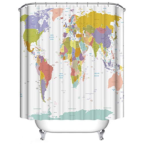 JOOCAR Duschvorhang mit Weltkarte und Städten, wasserdicht, Polyester, mit 12 Haken, Größe: 168 x 183 cm von JOOCAR