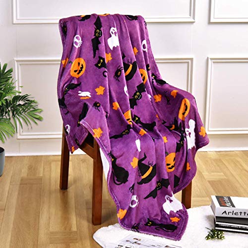 JOOCAR Flanell-Überwurfdecke, Halloween, Kürbis, lila, Geist, Fledermaus, gruselige Katzen, gemütlich und weich, Plüsch, warme Decken für Bett, Couch, Wohnzimmer, Sofa, Stuhl, 60x80 Inch von JOOCAR