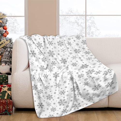 JOOCAR Graue Schneeflocken-Überwurfdecke, Winter, Frohe Weihnachten, weiße Decke, gemütlich, weich, leicht, Flanell-Plüschdecken für Bett, Couch, Wohnzimmer, Sofa, Stuhl, 152,4 x 203,2 cm von JOOCAR