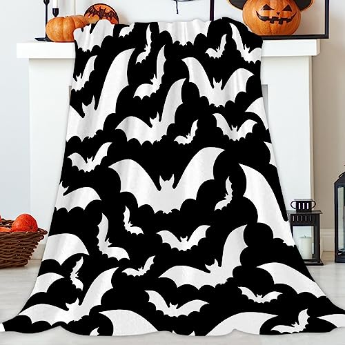 JOOCAR Halloween Flanell Überwurf Decke - 150x200cm, Schwarz und Weiß Fledermaus Gruselige Katzen Gemütlich und Weich Plüsch Warme Decken für Bett Couch Wohnzimmer Sofa Stuhl von JOOCAR