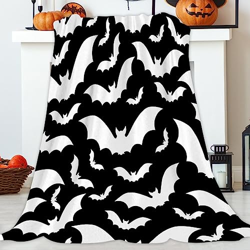 JOOCAR Halloween-Flanell-Überwurfdecke – 125 x 150 cm, schwarz und weiß, Fledermaus, gruselige Katzen, gemütlich und weich, Plüsch, warme Decken für Bett, Couch, Wohnzimmer, Sofa, Stuhl von JOOCAR