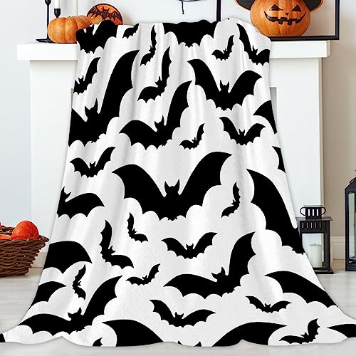 JOOCAR Halloween-Flanell-Überwurfdecke – 150 x 200 cm, weiße und schwarze Fledermaus, gruselige Katzen, gemütliche und weiche Plüsch-warme Decken für Bett, Couch, Wohnzimmer, Sofa, Stuhl von JOOCAR