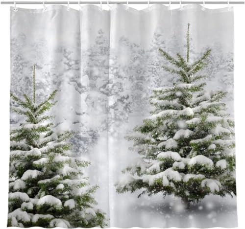 JOOCAR Weihnachtsbaum Duschvorhang Winter Wald Kiefer Schneeflocke Schneefall Natürliche Szene Badezimmer Duschvorhänge für Badewanne Dekoration mit Haken 183 x 183 cm von JOOCAR