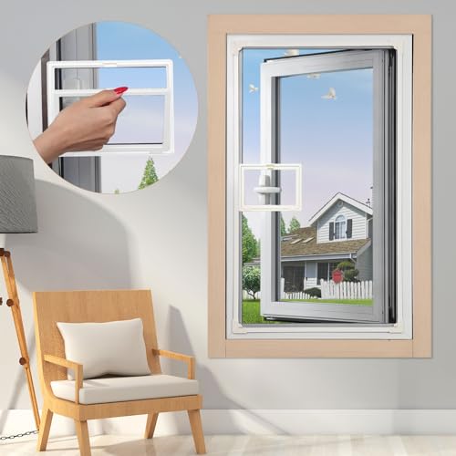 Magnetischer Fensterschutz mit kleinem Fenster, leicht zu öffnen und zu schließen, verwendet für Fenster mit Griffen (weißer Rahmen, graues Netz mit kleinen Fenstern, 145 x 89 cm) von JOOFAN