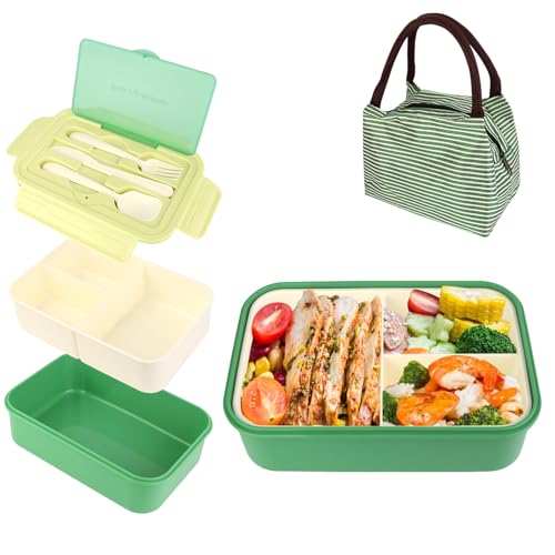 JOPHEK Brotdose Kinder, Brotdose mit Fächern Bento-Lunchbox Bento Box Kinder Lunchbox Kinder Kausenbox für Erwachsene/Kinder (Mit Löffel und Gabel Set) (Grün) von JOPHEK