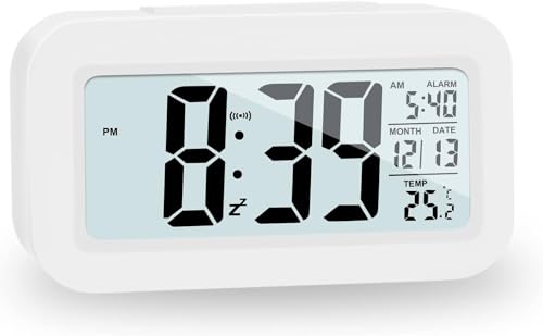 JOPHEK LCD Digitaler Wecker, Reisewecker mit Temperatur Schlummerfunktion, Lichtsteuerung Intelligenter Wecker für Schlafzimmer Home Office von JOPHEK