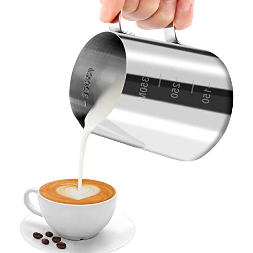 JOPHEK Milchkännchen, Handheld Edelstahl Aufschäumkännchen, Kaffee Creamer Milch Aufschäumer Kännchen Tasse mit Messung Mark, Milchkännchen Perfekt für Barista Cappuccino Espresso Latte (350ml) von JOPHEK