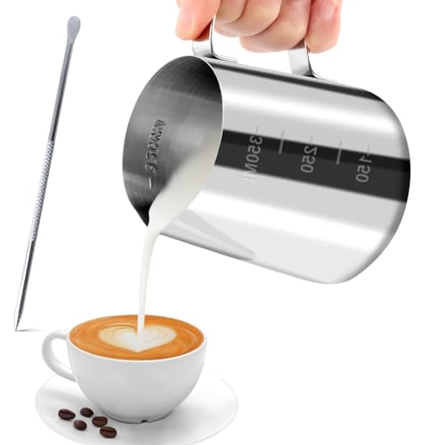 JOPHEK Milchkännchen, Handheld Edelstahl Aufschäumkännchen, Kaffee Creamer Milch Aufschäumer Kännchen Tasse mit Messung Mark und Latte Art Pen, Milchkännchen Perfekt für Barista Espresso Latte (350ml) von JOPHEK