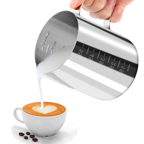 JOPHEK Milchkännchen, Handheld Edelstahl Aufschäumkännchen, Kaffee Creamer Milch Aufschäumer Kännchen Tasse mit Messung Mark, Milchkännchen Perfekt für Barista Cappuccino Espresso Latte (600ml) von JOPHEK