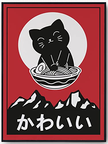 JOPRICO Kawaii Poster - Katze und Ramen Bild - Japan Kunstdruck - Ramen Poster - Poster für das Wohnzimmer oder Kinderzimmer - Retro Kunstdruck Größe 21x30cm (A4) von JOPRICO