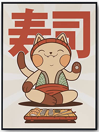 JOPRICO Kawaii Poster - Katze und Sushi Bild - Japan Kunstdruck - Sushi Poster - Poster für das Wohnzimmer oder Kinderzimmer Größe 21x30cm (A4) von JOPRICO