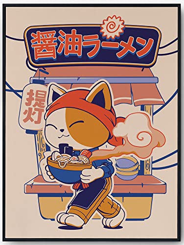 JOPRICO Ramen Poster - Katze isst Ramen - Küchendekoration - Küchen Poster - Kinderzimmer Kunstdruck - Japan Poster - Asia Dekoration - Vintage Japan Kunstdruck Größe 21x30cm (A4) von JOPRICO