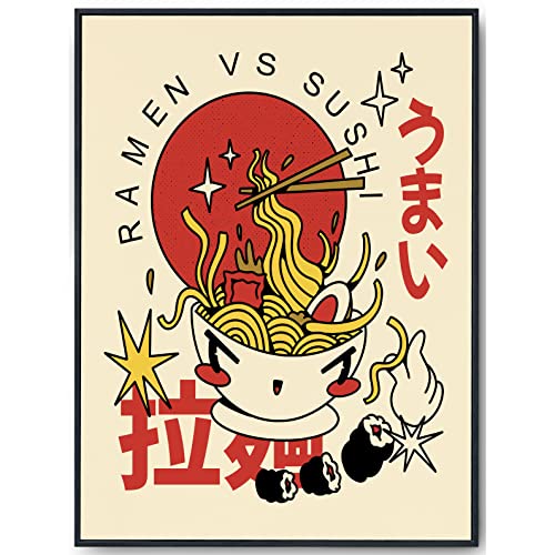 JOPRICO Ramen Poster - Ramen vs. Sushi - vintage Japan Kunstdruck - Küchenposter - japanische Wand Deko von JOPRICO