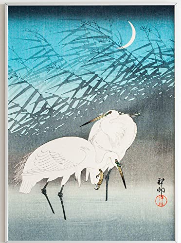 JOPRICO Reiher und Schilf im Mondlicht - 1926 von Ohara Koson - Japan Poster - Asia Dekoration - Vintage Japan Kunstdruck Größe 50x70 cm | 20x28 inch von JOPRICO