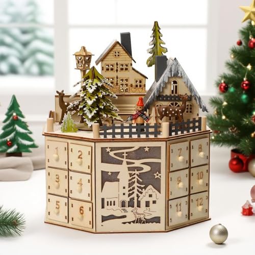 Adventskalender aus Holz mit 24 Schubladen, Weihnachtskalender mit LED-Lichtern und Musik-Sound, Countdown-Kalender-Ornament, Weihnachtsdeko Geschenk Geeignet für Büros, Häuser (Gelb) von JOPWUE