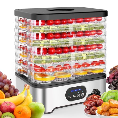 Dörrgerät für Lebensmittel, 8 Etagen, Temperaturkontrolle von 42 °C – 70 °C und Timer für 72 Stunden, 400 W, 3 Temperaturstufen, Dörrgerät für Obst und Gemüse (Silvery) von JOPWUE