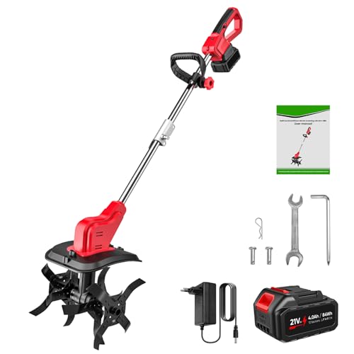 Elektrische Motorhacke, 550 W, Arbeitstiefe 22 cm, Breite 30 cm, mit klappbarem Griff und verstellbaren Rollen, 4 Klingen, mit LED-Anzeige, zum Pflügen, Umkippen, Graben (mit Akku 1 x 2,0 Ah) von JOPWUE