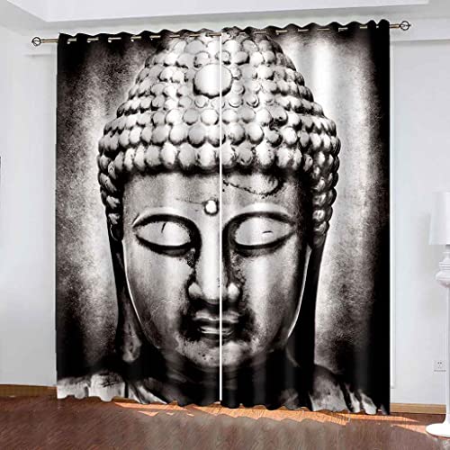 JORILS Blickdichte Gardinen Verdunkelungsvorhang Graue Buddha-Statue Lichtundurchlässige Vorhang mit Ösen für Schlafzimmer Geräuschreduzierung Warm halten Kälteschutz 140x160cm(HxB), 2er Set von JORILS