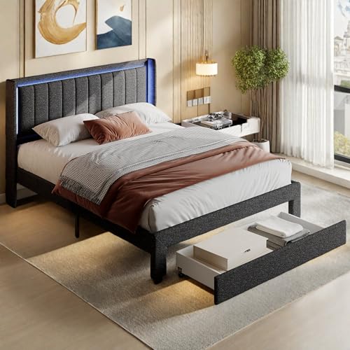 Polsterbett 180x200 cm mit Schubladen, Doppelbett mit Stauraum, Funktionsbett mit LED und USB Ladefunktion, Jugendbett Stauraumbett Bettgestell mit Holz Lattenrost, Leinen, Grau, Ohne Matratze von JOROBURO