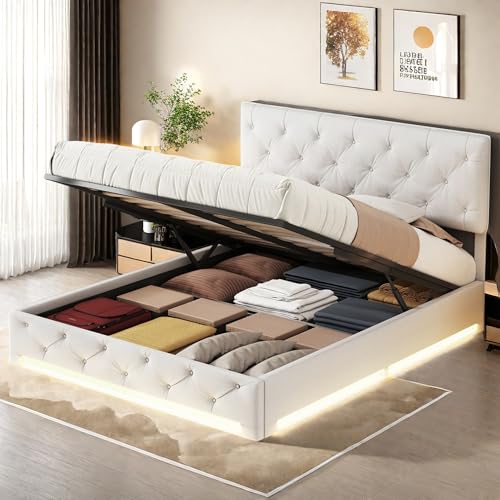 Hydraulisch Stauraumbett 160 x 200cm mit Bettkasten, Polsterbett Doppelbett mit Stauraum, LED Bett mit Lattenrost, Jugendbett Funktionsbett mit Verstellbares Kopfteil, Flanell, Ohne Matratze, Beige von JOROBURO