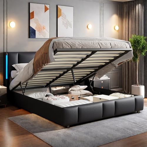 JOROBURO Hydraulisch Stauraumbett 160×200cm mit Bettkasten, Jugendbett mit LED und USB, Polsterbett Doppelbett mit Stauraum, Boxspringbett Funktionsbett mit Lattenrost, Schwarz, PU, Ohne Matratze von JOROBURO