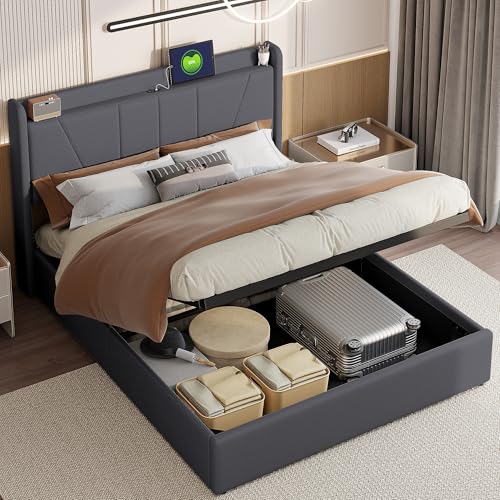 JOROBURO Klappbett mit Stauraum für Kingsize-Bett, 160 x 200 cm, Bettgestell aus Leinenstoff, Queensize-Größe mit USB-Ladestation, Lattenständer aus Holz, kein Lattenrost erforderlich von JOROBURO