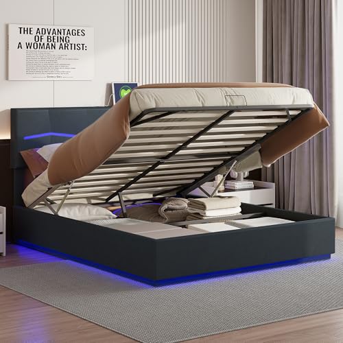 JOROBURO Polsterbett Doppelbett 180x200cm mit LED-Kopfteil, Jugendbett Gepolsterte Boxspringbett Mit Hydraulischem Stauraum, Stauraumbett Funktionsbett Bettgestell, PU-Leder, Ohne Matratze, Schwarz von JOROBURO