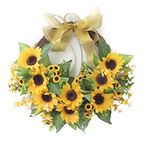 Künstlicher Sonnenblumenkranz, Dekorativer Fake-Blumenkranz mit Sonnenblume und Schleife, Sonnenblumen-Türkranz, Frühlings- und Sommerkranz, Rattan-Simulationswanddekoration für die Haustür,(#2) von JOROBURO