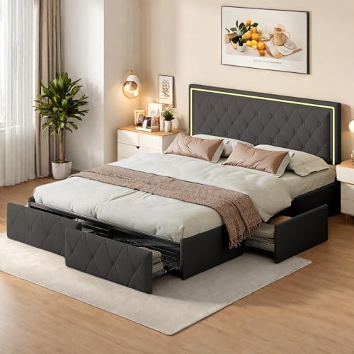 Polsterbett 140x200cm mit LED, Doppelbett mit Stauraum, Stauraumbett mit 4 Schubladen, Jugendbett Funktionsbett mit Verstellbares Kopfteil, Stauraumbett mit Lattenrost, Ohne Matratze, Grau, PU von JOROBURO