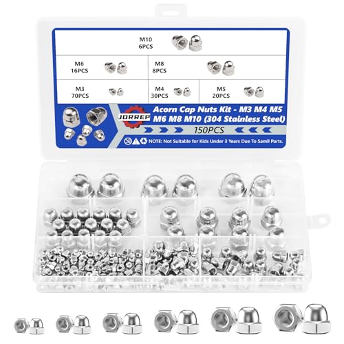 Hutmuttern Set, 150 Stück Edelstahl Kappenmuttern, M3/M4/M5/M6/M8/M10 Sechskant Hutmuttern für Schrauben, mit Aufbewahrungsbox von JORREP