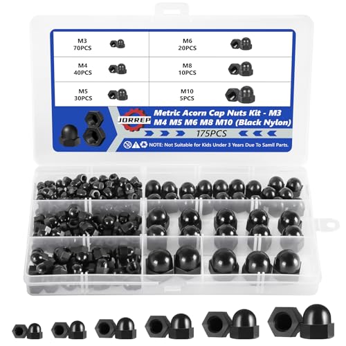 Hutmuttern Set, 175 Stück Nylon Kappenmuttern, M3/M4/M5/M6/M8/M10 Sechskant Hutmuttern für Schrauben, mit Aufbewahrungsbox von JORREP