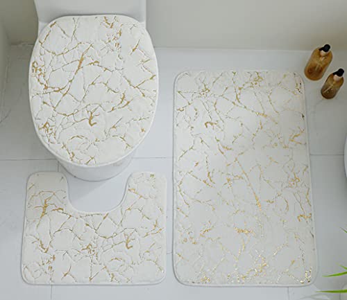 JOSGACRS Weiß und Gold Badematte Teppich rutschfest 3-teiliges Set Marmor Toilettensitz Abdeckung Badematten Deckel Abdeckung Badteppich Konturmatte Familie Heimdekoration von JOSGACRS