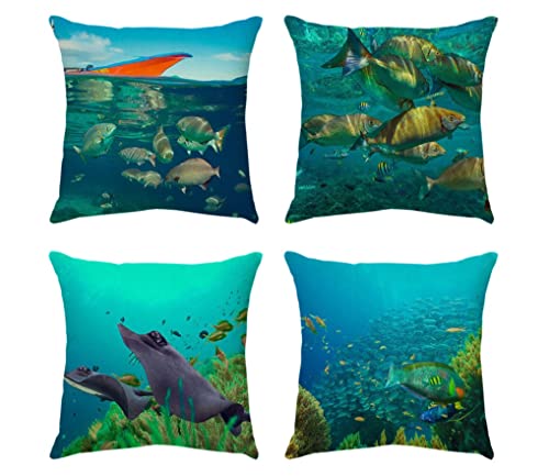 Kissen, blaue Unterwasserwelt, Überwurfkissen, Baumwollleinen, dekorativer quadratischer Kissenbezug für Sofa, Couch, Auto, Schlafzimmer, Outdoor, 45 x 45 cm, 4er-Set von JOSGACRS