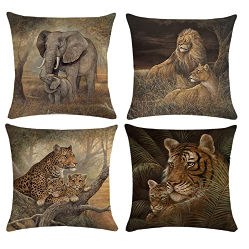 Kissenbezug mit Tiermotiv, Motiv: Afrika, Elefant, Löwe, Leopard, Kissenbezüge für Wohnzimmer, Sofa, Couch, Schlafzimmer, Heimdekoration, Garten, Couch, wasserdicht, 40 x 40 cm, 4er-Set von JOSGACRS