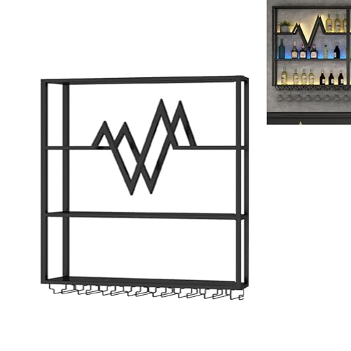Weinregal Wand Metall Flaschenregal Schmal Wine Rack Schmal Bar Regal Wand mit Weinglashalter und LED-Licht Getränkeregal Weinständer Schwarz Weinschrank Mehrzweckregal für Bartheke Wohnzimmer küche(3 von JOSIAHCQ