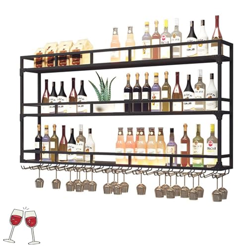 Weinregal Wand Metall mit Licht Flaschenregal Wine Rack Bar Regal Wand Weinschrank Hausbar Schmal Barschrank mit Weinglashalter Weinständer Getränke Regal für Bartheke Wohnzimmer Küche(Nero,150cm(59.0 von JOSIAHCQ